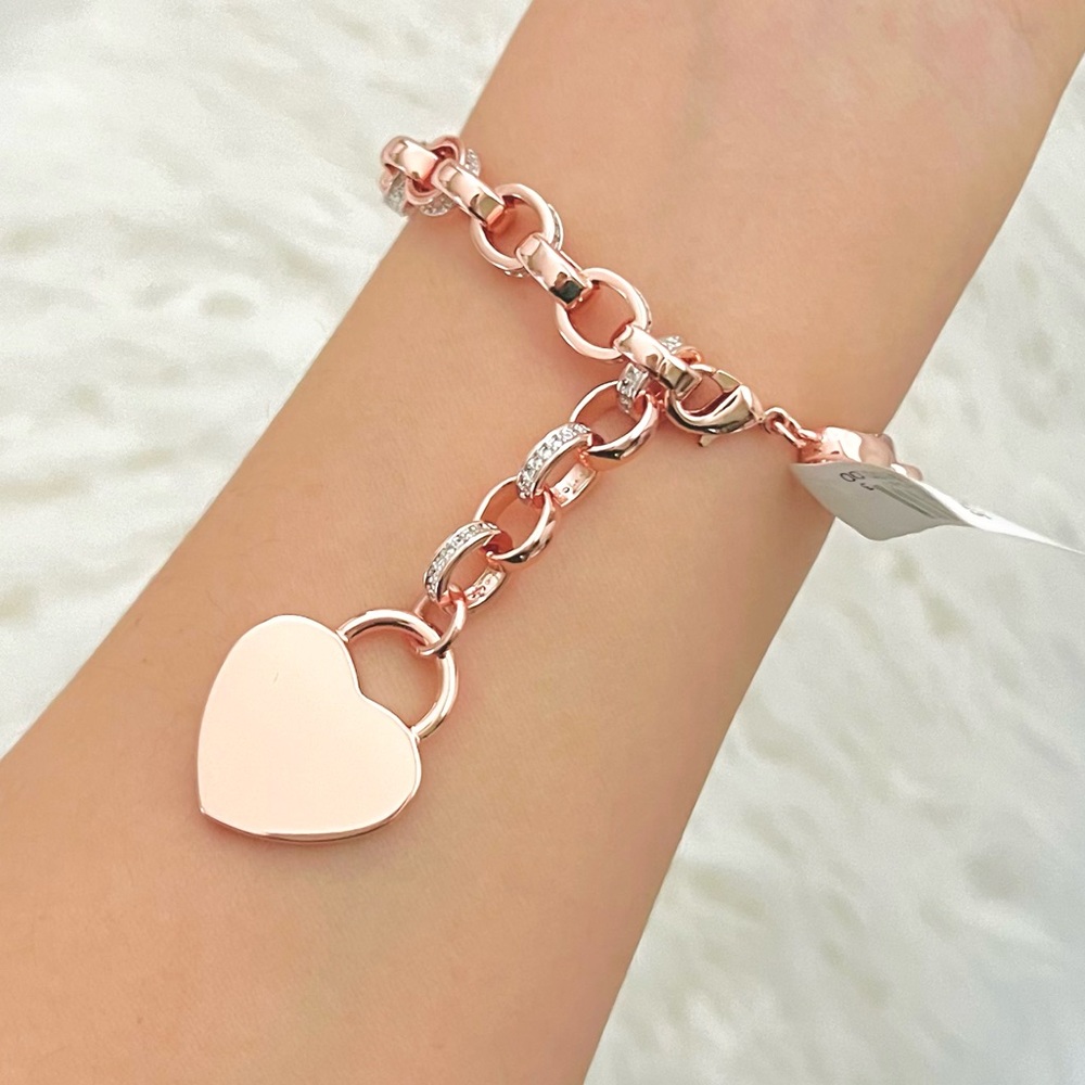 Rose gold Heart Charm Bracelet with Diamond Accent Fine Silver Plate NWT
